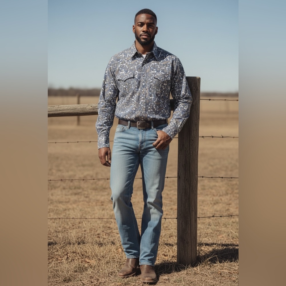 Cinch Men’s Western Gear Paisley Blue Tan Button Front Long Sleeve Shirt